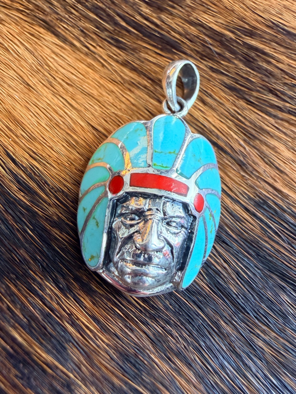Turquoise Red Coral Native Style Chief Head Pendant | 925 Sterling Silver | New - Picture 2 of 4